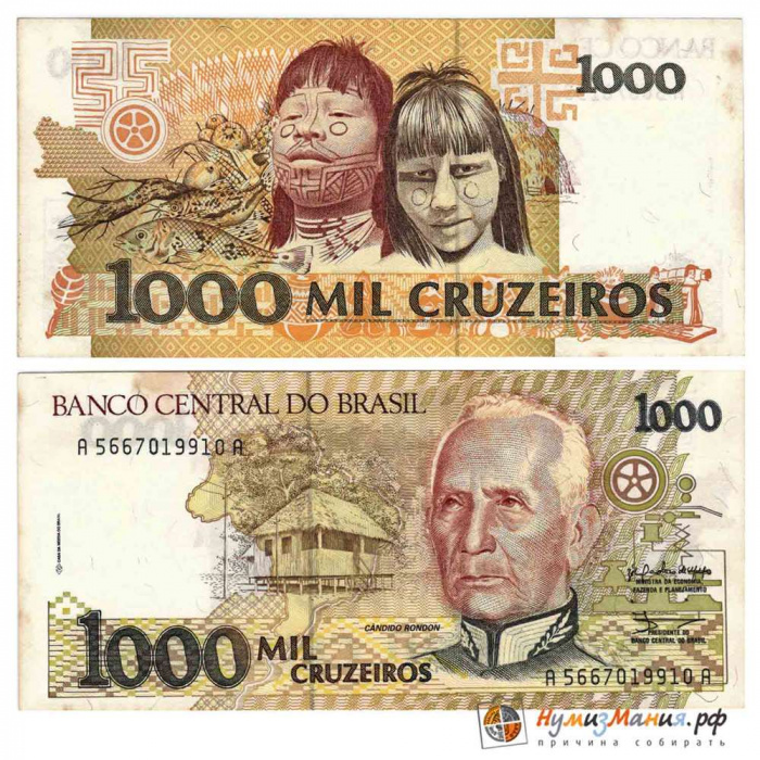 (1990-1991) Банкнота Бразилия 1990-1991 год 1 000 крузейро &quot;Кандиду Рондон&quot;   XF